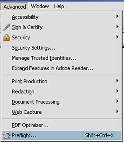 Selecting the Preflight Check In Adobe Acrobat